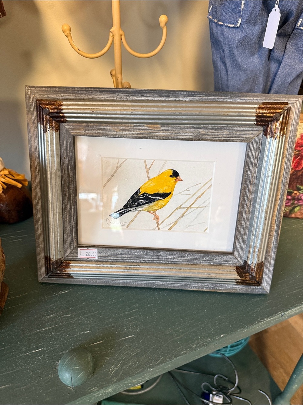 Framed Yellow Goldfinch Wall Art - Gold and Silver Rustic Frame 5 x 7 watercolor